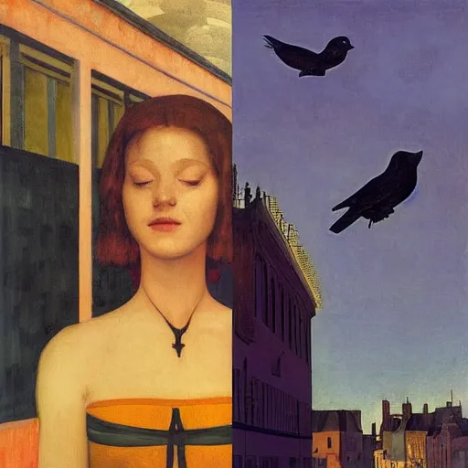 Image similar to a woman in a medieval city, a lots of crows, hyperrealistic film still by edward hopper, by gottfried helnwein, by klimt, by paolo uccello, by johfra bosschart, art nouveau, highly detailed, strong lights, liminal, eerie, symbolist, bright pastel colors