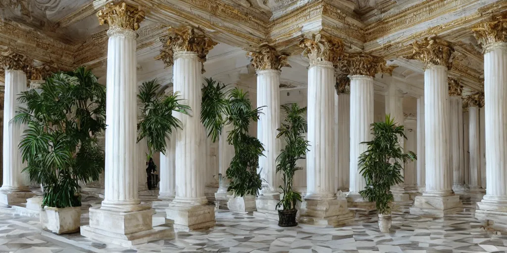 Image similar to grand roman palace, palatial, lush potted vegetation, painted statues, white columns