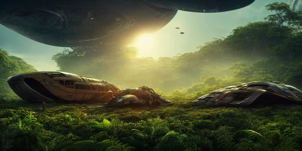 Image similar to a huge futuristic rusty abandoned old alien spaceship, next to it a smaller exploration vehicle on a landing pad, surrounded by a lush alien jungle, in the foreground two explorers are arguing, sunset, volumetric light, hyperdetailed, artstation, cgsociety, 8k