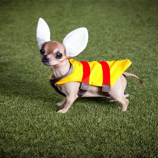 Image similar to photo of mini brown chihuahua in a bowser costume. Post processing , award winning , masterpiece , photo realistic