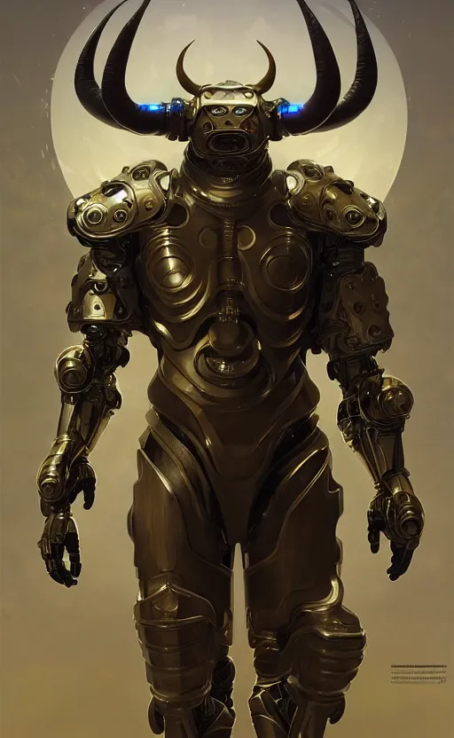 Image similar to a anthropomorphic cyber bull wearing scifi armor, diffuse lighting, fantasy, intricate, elegant, highly detailed, lifelike, photorealistic, digital painting, artstation, illustration, concept art, smooth, sharp focus, art by john collier and albert aublet and krenz cushart and artem demura and alphonse mucha