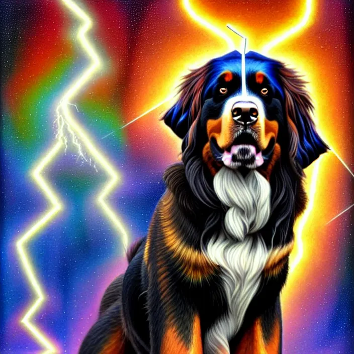 Image similar to a male human - bernese mountain dog hybrid as zeus, shooting lightning bolts from his paws, by alex grey, intricate details, artstation, furry, psychedelic, hd, beautiful