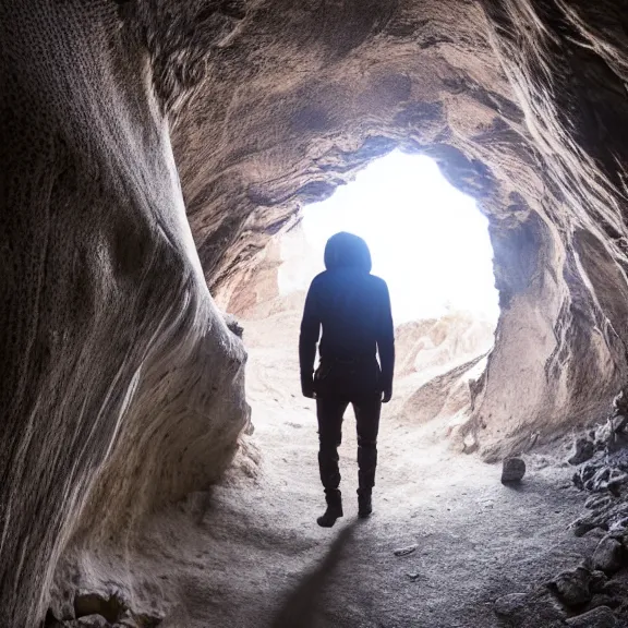 Image similar to portrait of a humanoid alien walking trough a beautiful cave, rotateZ(50deg)