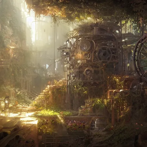 Image similar to a ultradetailed beautiful concept art of the core of a intricate steampunk machine where vegetation have start to peacefully grow in harmony with the machine, dynamic lighting, cinematic lighting, magical atmosphere, concept art, high resolution 4 k, by yasuyuki kaji, greg rutkowski, charlie bowater and artgeem