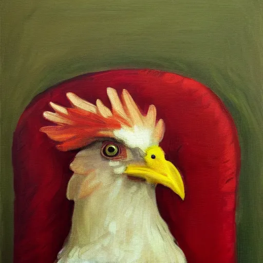 Prompt: a high quality photo of a chicken wearing a suit, Impressionism, 8k