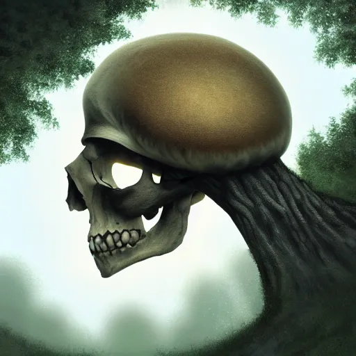 Prompt: photorealistic fantasy portrait of a skull with mushrooms growing out of the eye sockets in the middle of a forest, dynamic lighting, 8k, HD quality