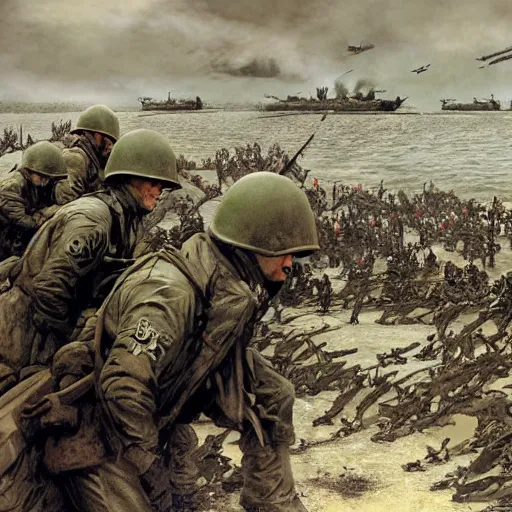 Prompt: d - day scene from saving private ryan except it's by victo ngai and yoji shinkawa moebius jean girard and stuart brown bryan christie godmachine keith thompson psychedelic combat art world war two combat photography photorealistic
