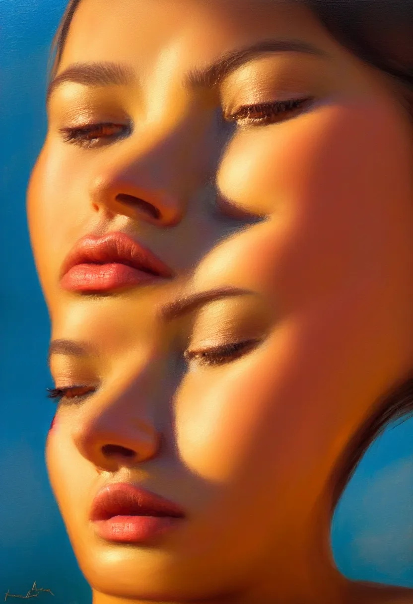 Image similar to a face portrait of a beautiful girl enjoying the warm sunlight, cuban setting, close - shot, symmetrical face, warm colors, soft lighting, atmospheric, cinematic, moody, in the style of diego koi, gina heyer, luiz escanuela, art by alyssa monk, hyperrealism, rule of thirds, golden ratio, oil on canvas, 8 k