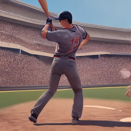 Image similar to baseball player hitting the ball with the baseball bat in the middle of the game and in front of everyone in the stadium, james gurney painting style, greg rutkowski, artstation, octane render, unreal engine 5