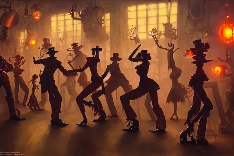 Image similar to steampunk robots expressively dancing on the dance floor by otto dix and greg rutkowski and andreas rocha, cinematic lighting, highly detailed, warm colours, 4 k