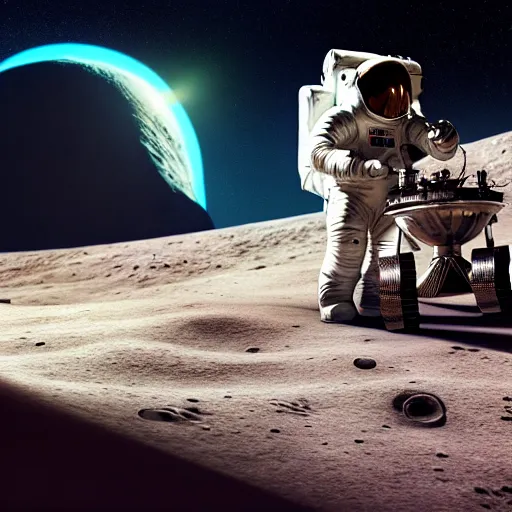 Prompt: professional photo of astronaut riding a snail on the moon, hyperrealistic masterpiece, trending on artstation, cgsociety, kodakchrome, golden ratio, cinematic, composition, beautiful lighting, hyper detailed, sharp focus, octane render, 4 k, unreal engine