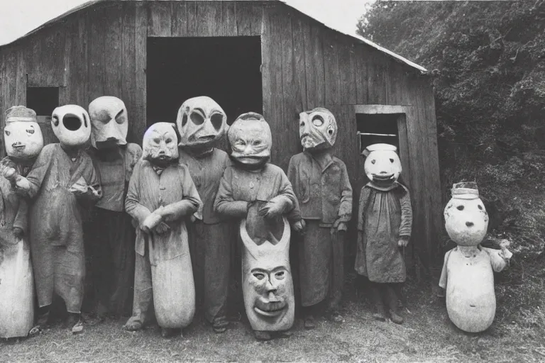 Image similar to vintage photo of villagers wearing weird masks outside a barn by hilla becher, eerie, bizarre, highly detailed shot, dramatic 8 k uhd