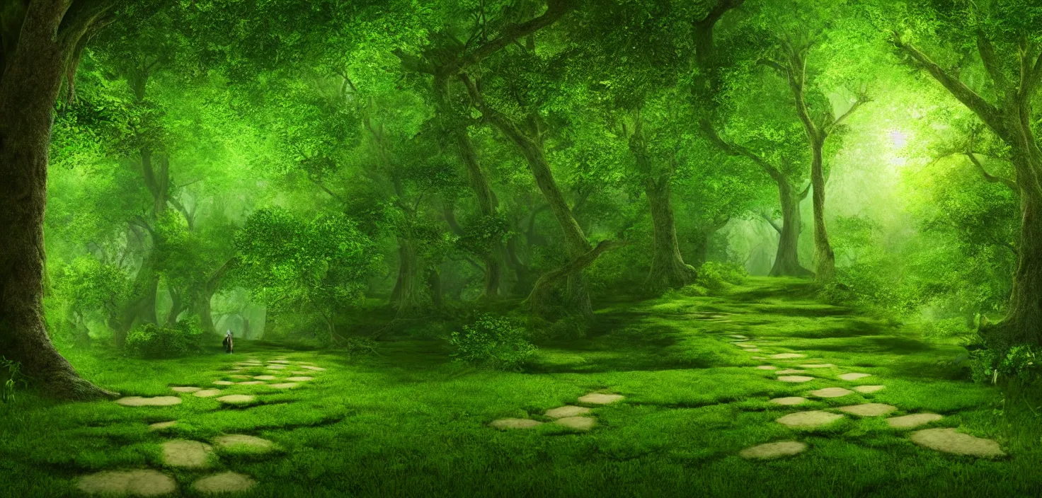 Prompt: a wooden path in the middle of a lush green forest octane render, a detailed matte painting by john eyre, shutterstock contest winner, art magical realism, enchanting, matte painting, mystical, vector style