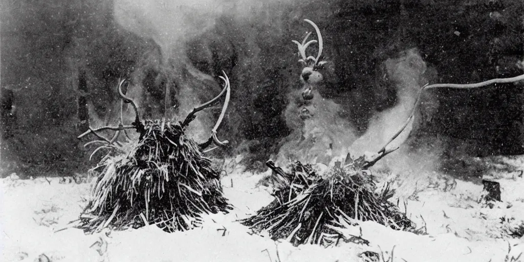 Image similar to 1 9 2 0 s photography of krampus hay monster burning on a pyre, submerged in snow