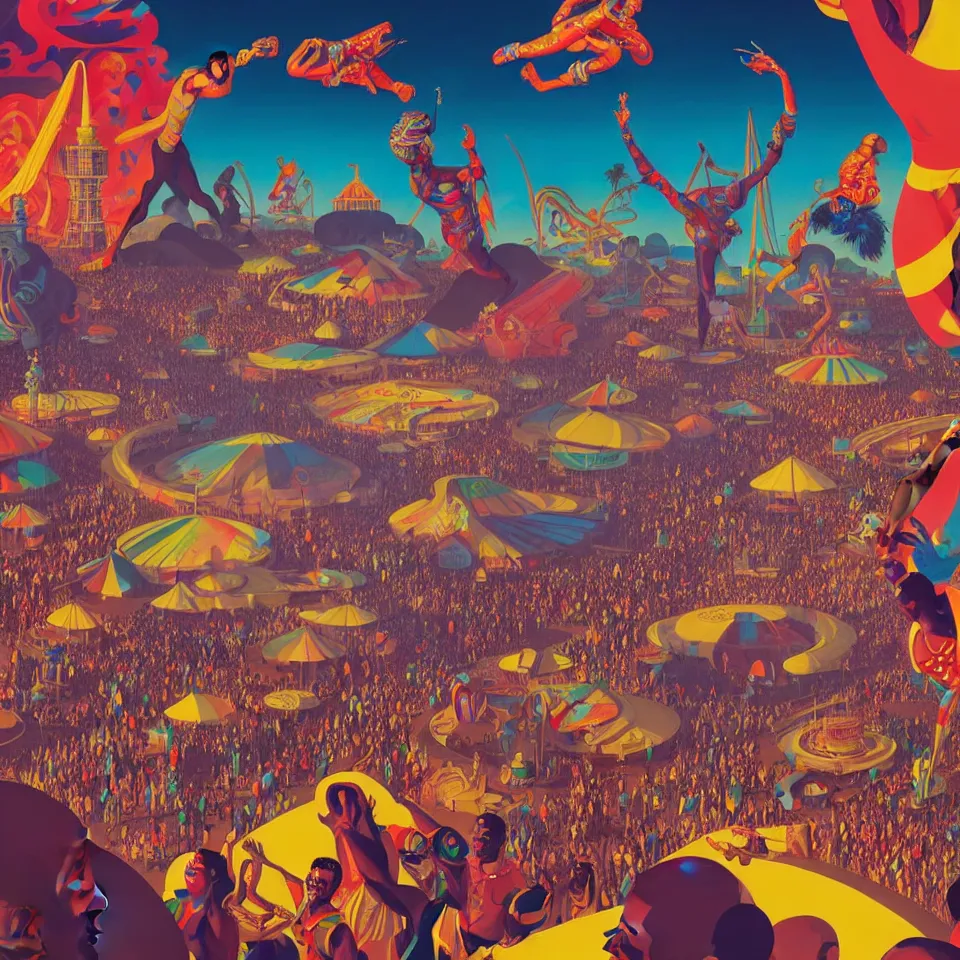 Image similar to trinidad and tobago carnival by paolo eleuteri serpieri and tomer hanuka and chesley bonestell and daniel merriam and tomokazu matsuyama, unreal engine, high resolution render, featured on artstation, octane, 8 k, highly intricate details, vivid colors, vector illustration