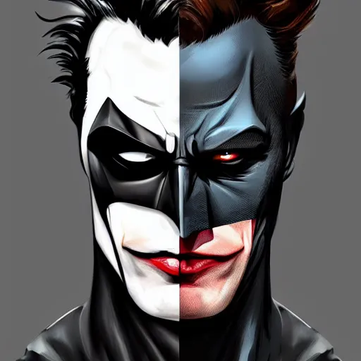 Image similar to a face of half batman half joker, digital painting, amazing detail, artstation, cgsociety