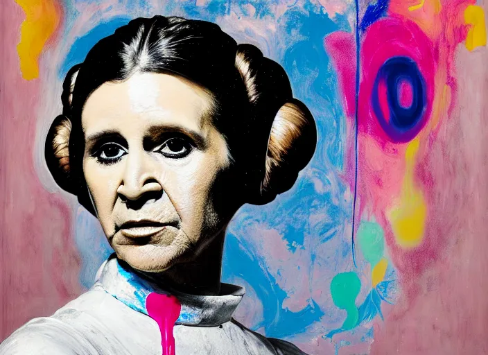 Image similar to portrait of princess leia, by vincent lefevre and hernan bas and pat steir and hilma af klint, psychological, photorealistic, dripping paint, washy brush, rendered in octane, altermodern, masterpiece