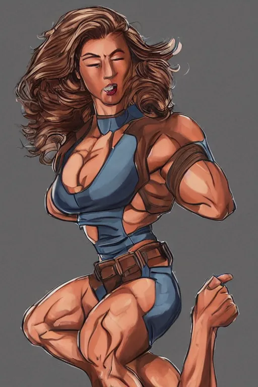 Image similar to a hyper muscular woman, bronze - skinned, blue - eyes, wearing a black cropped tank top, military pants, brown boots, wavy big red hair, 8 0's hairstyle, red lips, action pose, art by osmar - shotgun, trending on art station, illustration, action scene, full body