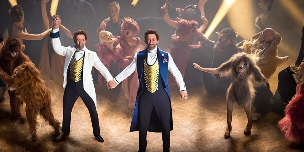 Image similar to Hugh Jackman in Greatest Showman standing 6 feet from a plink fluffy furry monster making silly faces on a stage with spotlights, movie still