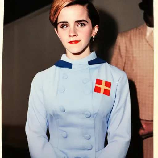 Image similar to emma watson, flight attendant 1 9 6 0 s, award winning, kodak ektachrome expired blue tint,