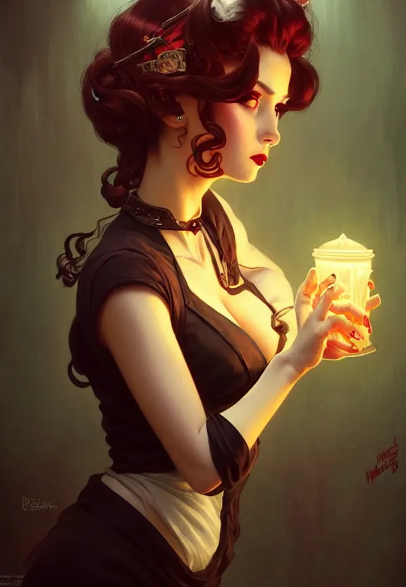 Image similar to Attractive necromancer waitress of a small 50’s style diner, fantasy magic, dark pin-up style hair, dark light night, intricate, elegant, sharp focus, illustration, highly detailed, digital painting, concept art, matte, art by WLOP and Artgerm and Greg Rutkowski and Alphonse Mucha, masterpiece