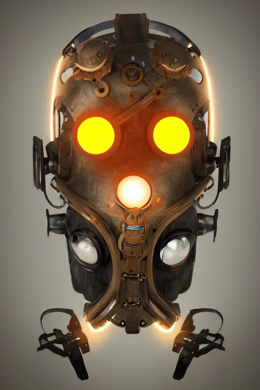 Image similar to steampunk mask minimalist fantasy art robot ninja helmet, global illumination ray tracing hdr fanart arstation by sung choi and eric pfeiffer and gabriel garza and casper konefal radiating a glowing aura