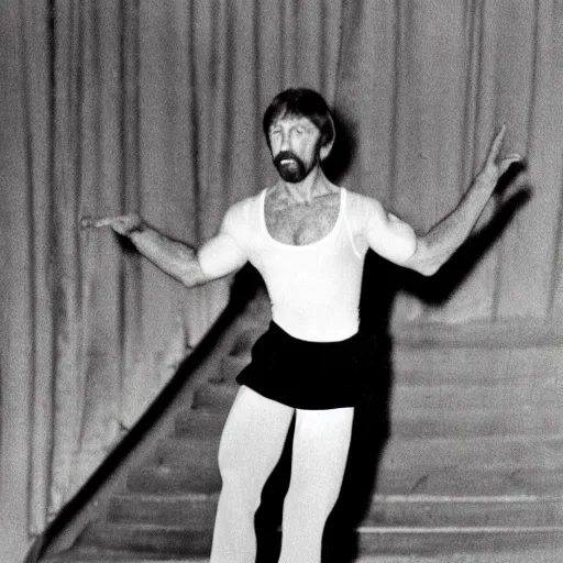 Prompt: long shot of Chuck Norris wearing a ballet skirt, performing on stage in a big crowded Theatre