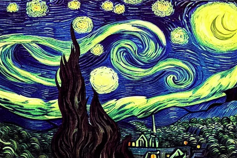 Image similar to man is seeing old god eldritch horror cthulhu terrifying the night sky of a city, epic scene, hyper - detailed, gigantic cthulhu, realistic dark - art painted by van gogh