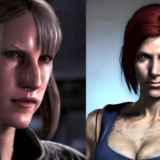 Prompt: jill from resident evil, hyper realistic, facing nemesis