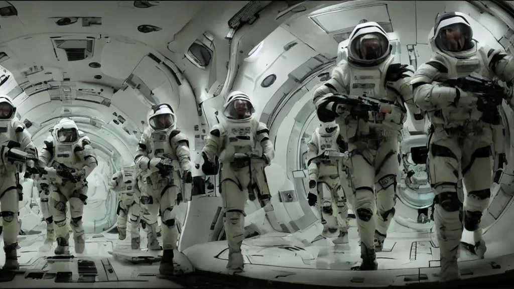 Image similar to sci-fi action movie cinematography of space soldiers moving tactical formation through spaceship corridor. By Emmanuel Lubezki