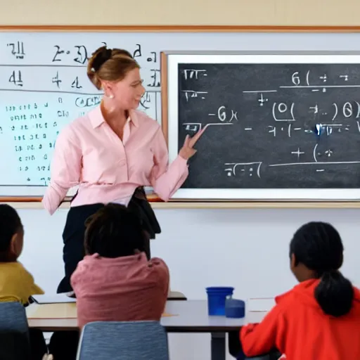 Image similar to a lion teacher is teaching math in front of a blackboard