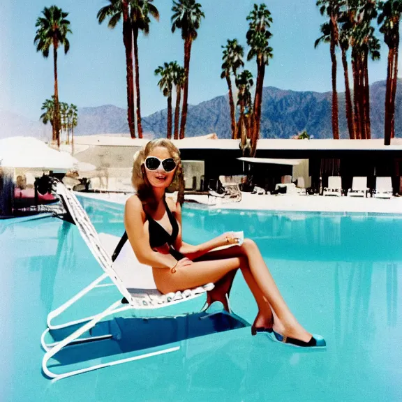 Prompt: A beautiful woman in sunglasses and a bikini relaxing on a lounge chair by the pool in Palm Springs California, vintage, stylistic, medium shot, retro, 1960s