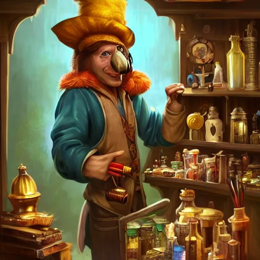 Image similar to Anthropomorphized parrot trader in his shop, shelves full, selling a gem, portrait, items, magic potions, fancy hat, sly expression , cunning expression, cute expression, presenting magic gem, D&D, fantasy, cinematic lighting, highly detailed, digital painting, artstation, concept art, smooth, sharp focus, illustration, warm light, cozy warm tint, magic the gathering artwork, volumetric lighting, 8k, no gold, no gold colours, art by Akihiko Yoshida, Greg Rutkowski