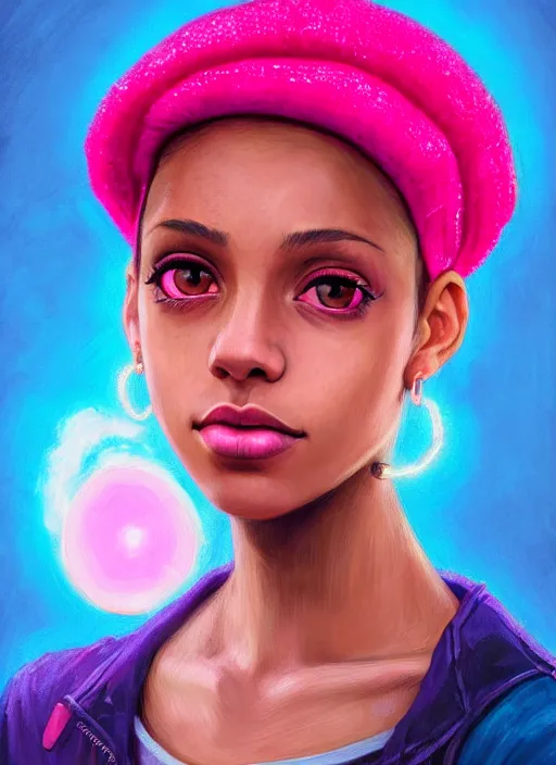 Image similar to portrait of teenage vanessa morgan with bright pink hair, black girl, curly pixie cut hair, wearing newsboy cap, pink short haircut, newsboy cap, hoop earrings, blue eyes, intricate, elegant, glowing lights, highly detailed, digital painting, artstation, concept art, smooth, sharp focus, illustration, art by wlop, mars ravelo and greg rutkowski