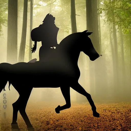 Prompt: a knight riding a shadow horse, knight's face is covered in black, rain, forest