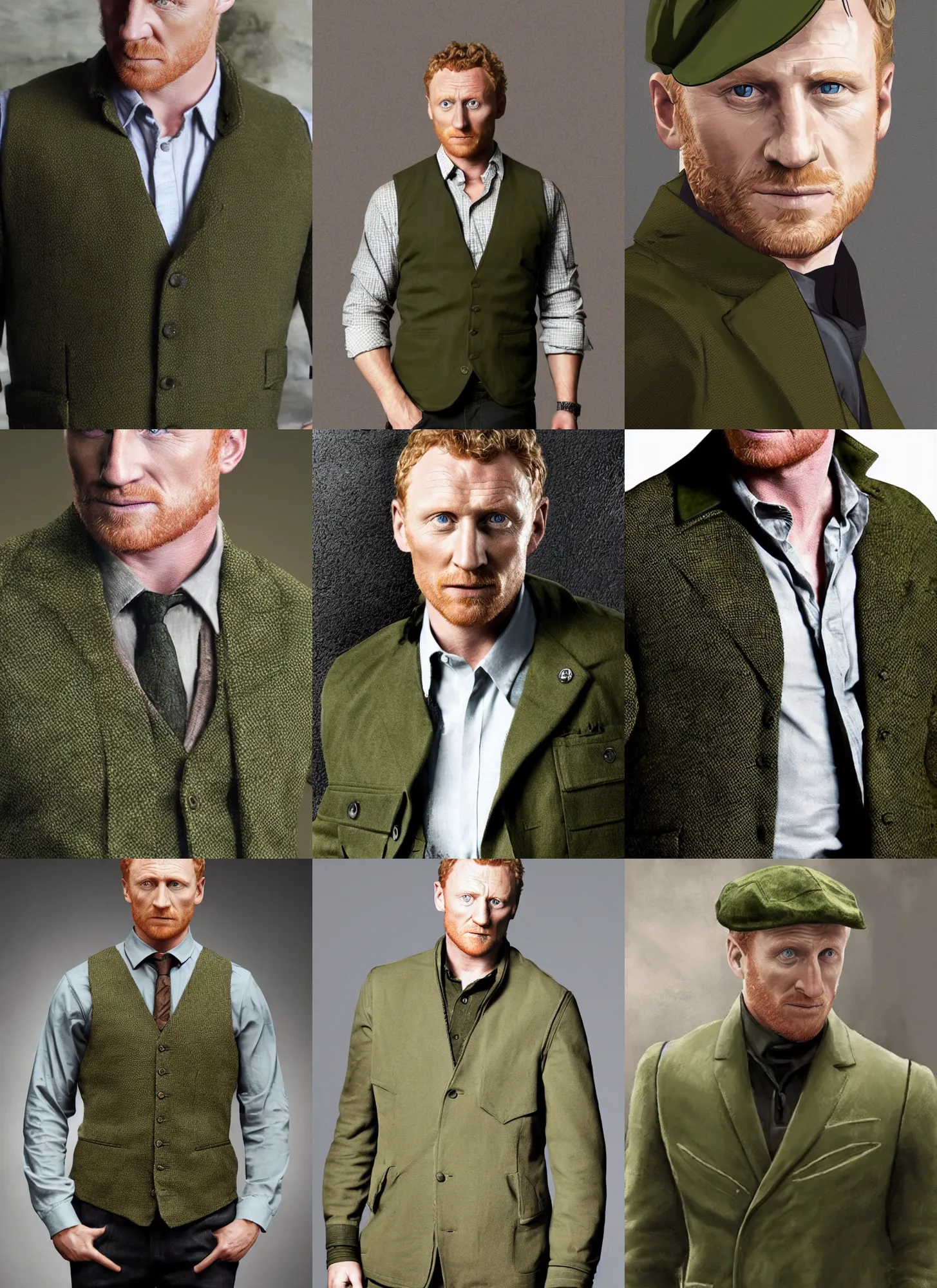 Prompt: portrait kevin mckidd, olive green flat cap, gilet suit, dark, intricate, highly detailed, gta v cover