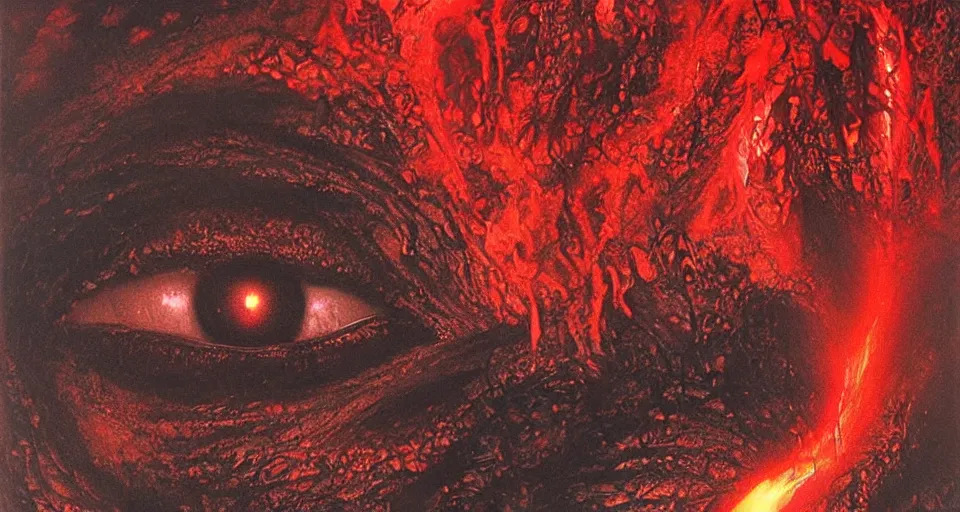 Image similar to a volcano made of ivory vines and crimson rocks enters in eruption, it spits a smoke in the shape of demonic eye, by Luis Royo,