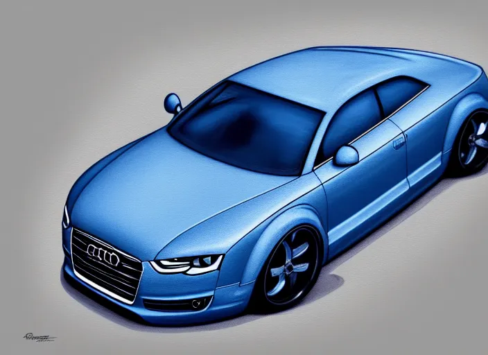 Prompt: Denim Blue Audi A4 B6 in Pixar Cars. elegant, highly detailed, centered, digital painting, artstation, concept art, smooth, sharp focus, illustration, by Peter Mohrbacher