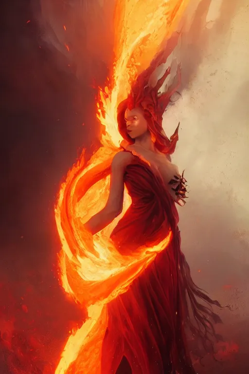 Prompt: fantasy character art by laura zalenga and alexander holllow frdosav, eldritch volcanic fire goddess clothed in a flaming gown, volcanic embers, magma, detailed matte fantasy portrait, dynamic lighting, by greg rutkowski, by peter mohrbacher, by brom, hyperrealism, detailed face, 8 k dop dof hdr