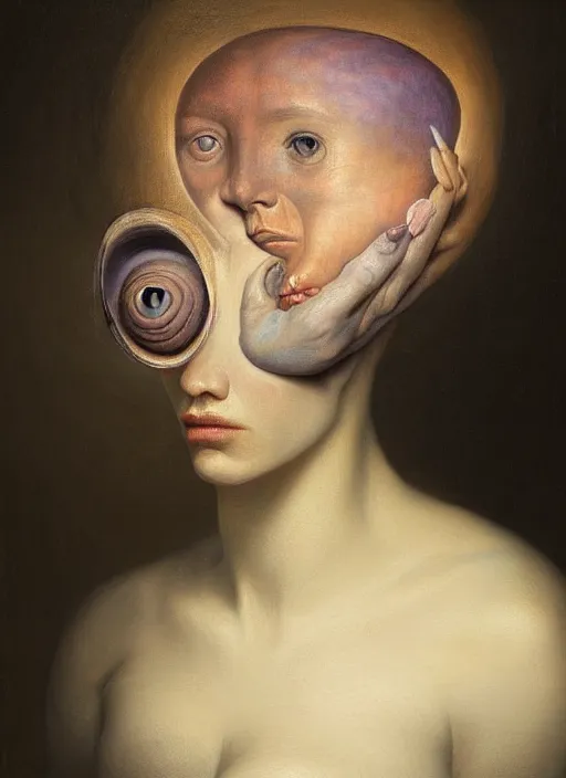 Prompt: strange, looming head, biomorphic painting of a woman with large eyes, pastel colours by, rachel ruysch, and charlie immer, highly detailed, emotionally evoking, head in focus, volumetric lighting, oil painting, timeless disturbing masterpiece