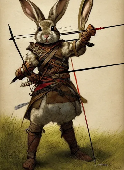 Image similar to a heroic rabbit archer with bow and arrow on a parchment background, redwall, greg rutowski and jean baptiste monge, detailed, epic fantasy concept art