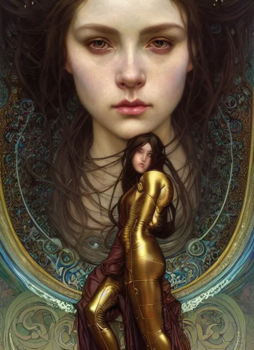 Image similar to hyper detailed masterpiece angellic girl elite by donato giancola and tom bagshaw, face by artgerm and edmund leighton, and alphonse mucha, trending on artstation, dreamlike, melancholy aesthetic, ornate, background by gustav klimt, 8 k, black gothic, majestic, volumetric lighting, porcelain skin, concept art, sharp focus