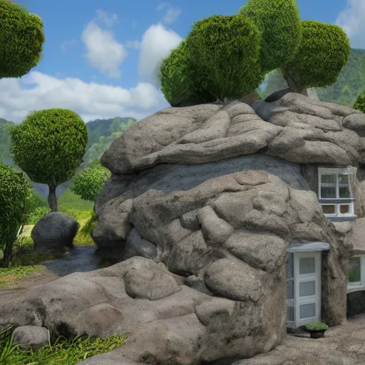 Image similar to house on the island rock, unreal engine, high detail, realism, award winning, detailed lighting