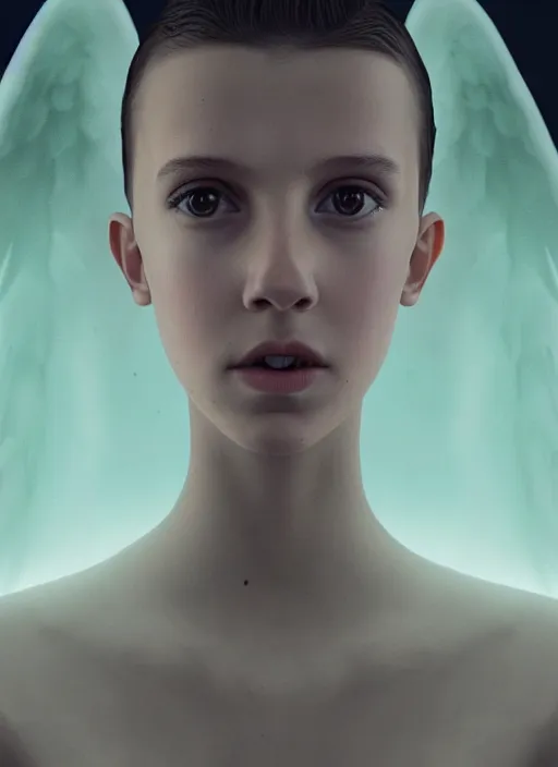 Image similar to portrait art of girl resembling millie bobby brown or alicia vikander as a redheaded angel, art by alessio albi 8 k ultra realistic, angel wings, lens flare, atmosphere, glow, detailed, intricate, full of colour, led lighting, trending on artstation, 4 k, hyperrealistic, focused, extreme details, unreal engine 5, masterpiece