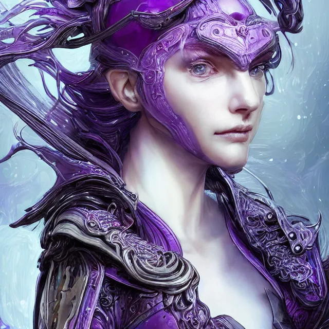 Prompt: close facial portrait of a pale woman in futuristic leather armor with a flowing purple, elegant, stoic, intense, ultrafine hyperdetailed illustration by kim jung gi, irakli nadar, intricate linework, sharp focus, bright colors, octopath traveler, final fantasy, hearthstone, highly rendered, global illumination, radiant light, detailed, intricate environment