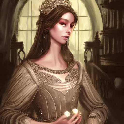 Image similar to Princess at a royal banquet, elegant dress, intricate, matte, digital painting, 8K, warm lighting, large staircase, royalty, high detail, medieval-fantasy, concept art, cinematic, beautiful face, high detailed facial features,