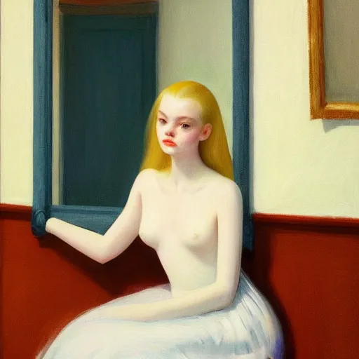 Prompt: Painting of Elle Fanning looking in a haunted mirror, long blonde hair, delicate, pale milky white porcelain skin, by Edward Hopper. 8K. Extremely detailed.