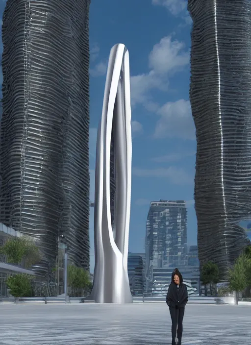 Prompt: highly detailed architecture render of a huge high futuristic metallic stele sculpture in the style of zaha hadid standing in city park, archdaily, made in unreal engine 4