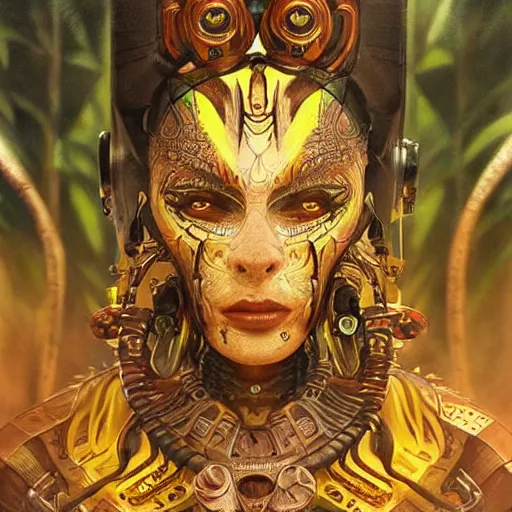 Image similar to An Alien Robot Mayan Ruler, facial tattoos, artists portrait, biomechanical, wild jungle, fantasy, highly detailed, digital painting, concept art, sharp focus, depth of field blur, illustration, art by artgerm and greg rutkowski and alphonse mucha