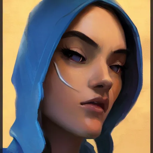 Image similar to greg manchess portrait painting of a beautiful girl wearing a blue hoodie as overwatch character, medium shot, asymmetrical, profile picture, organic painting, matte painting, bold shapes, hard edges, street art, trending on artstation, by huang guangjian and gil elvgren and sachin teng and wlop and rossdraws and greg rutkowski